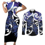 Piwakawaka New Zealand Matariki Couples Matching Short Sleeve Bodycon Dress and Long Sleeve Button Shirt Maori New Year Silver Fern Purple Galaxy