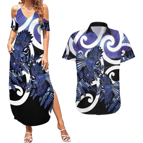 Piwakawaka New Zealand Matariki Couples Matching Summer Maxi Dress and Hawaiian Shirt Maori New Year Silver Fern Purple Galaxy