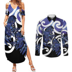 Piwakawaka New Zealand Matariki Couples Matching Summer Maxi Dress and Long Sleeve Button Shirt Maori New Year Silver Fern Purple Galaxy