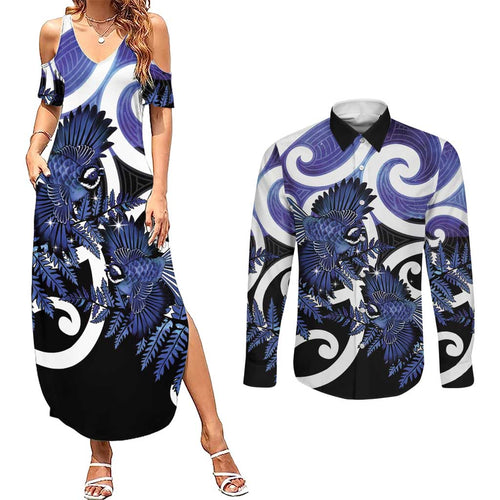 Piwakawaka New Zealand Matariki Couples Matching Summer Maxi Dress and Long Sleeve Button Shirt Maori New Year Silver Fern Purple Galaxy