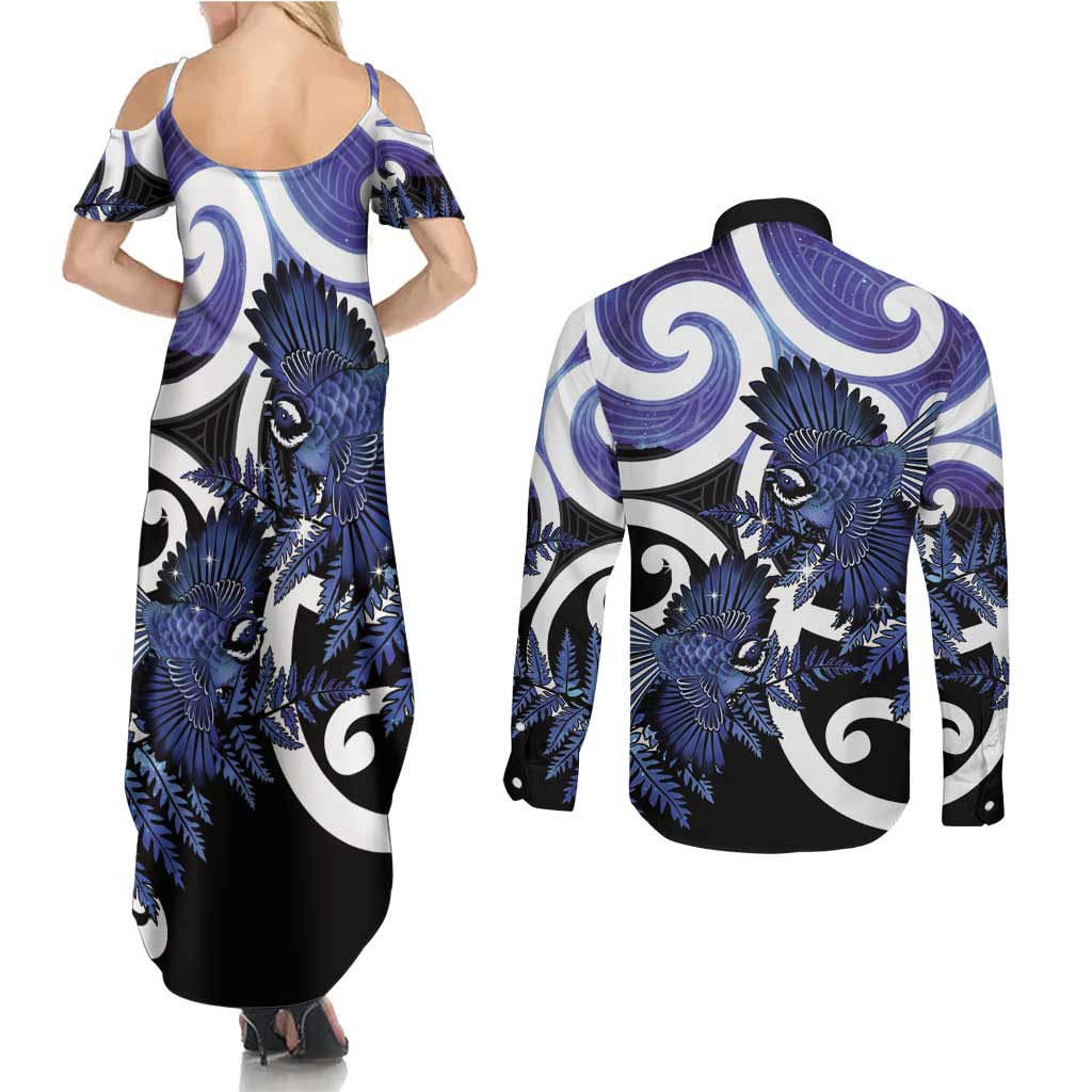 Piwakawaka New Zealand Matariki Couples Matching Summer Maxi Dress and Long Sleeve Button Shirt Maori New Year Silver Fern Purple Galaxy