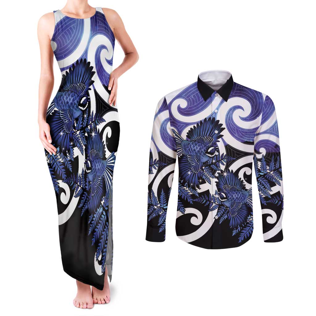 Piwakawaka New Zealand Matariki Couples Matching Tank Maxi Dress and Long Sleeve Button Shirt Maori New Year Silver Fern Purple Galaxy