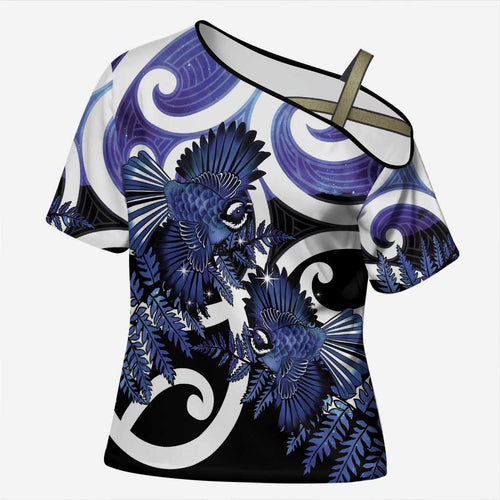 Piwakawaka New Zealand Matariki Cross Shoulder Shirt Maori New Year Silver Fern Purple Galaxy