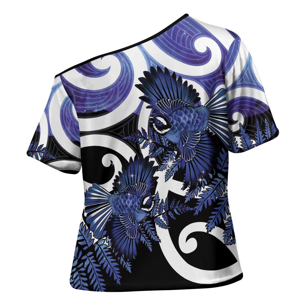 Piwakawaka New Zealand Matariki Cross Shoulder Shirt Maori New Year Silver Fern Purple Galaxy