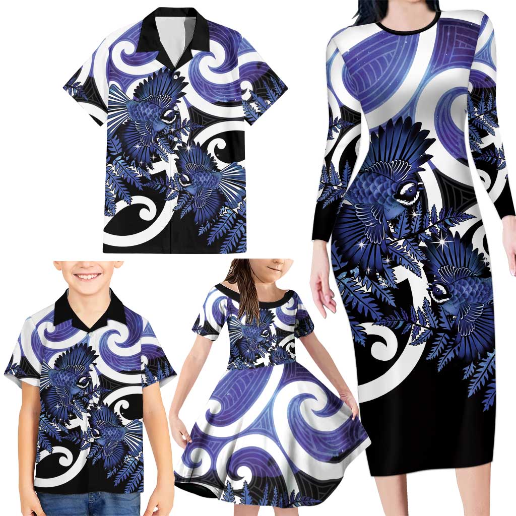 Piwakawaka New Zealand Matariki Family Matching Long Sleeve Bodycon Dress and Hawaiian Shirt Maori New Year Silver Fern Purple Galaxy