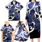 Piwakawaka New Zealand Matariki Family Matching Long Sleeve Bodycon Dress and Hawaiian Shirt Maori New Year Silver Fern Purple Galaxy