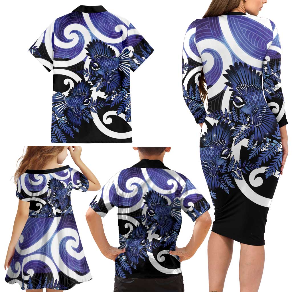 Piwakawaka New Zealand Matariki Family Matching Long Sleeve Bodycon Dress and Hawaiian Shirt Maori New Year Silver Fern Purple Galaxy