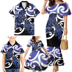 Piwakawaka New Zealand Matariki Family Matching Mermaid Dress and Hawaiian Shirt Maori New Year Silver Fern Purple Galaxy