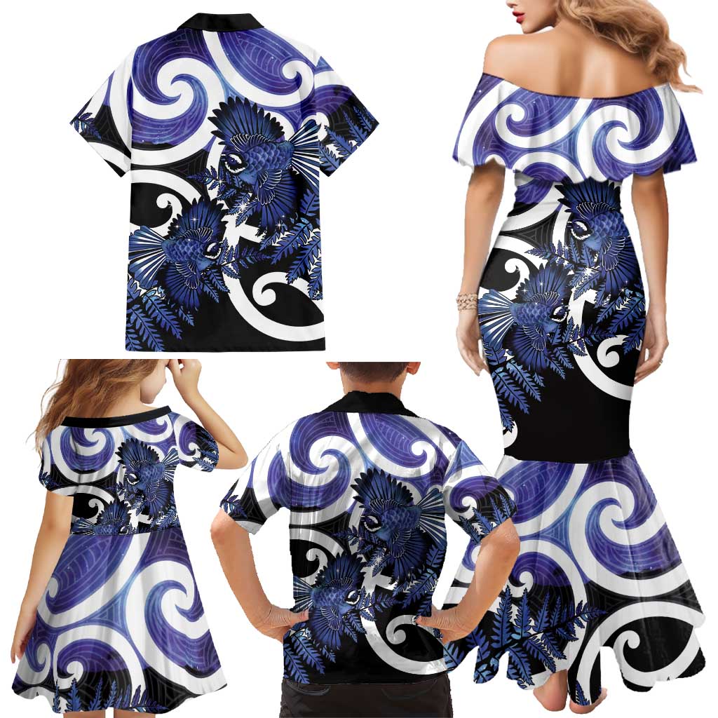 Piwakawaka New Zealand Matariki Family Matching Mermaid Dress and Hawaiian Shirt Maori New Year Silver Fern Purple Galaxy