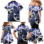 Piwakawaka New Zealand Matariki Family Matching Mermaid Dress and Hawaiian Shirt Maori New Year Silver Fern Purple Galaxy