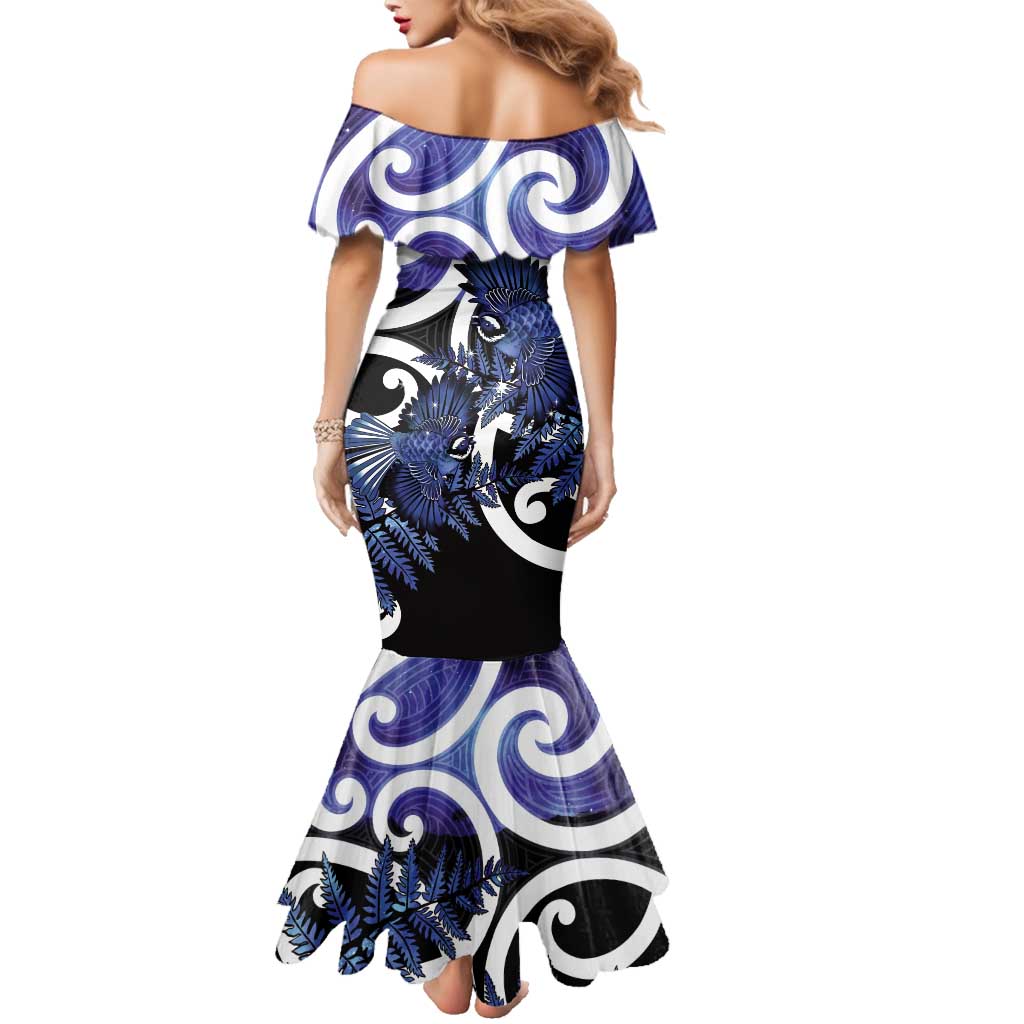 Piwakawaka New Zealand Matariki Family Matching Mermaid Dress and Hawaiian Shirt Maori New Year Silver Fern Purple Galaxy