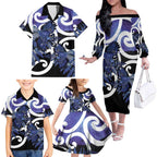 Piwakawaka New Zealand Matariki Family Matching Off The Shoulder Long Sleeve Dress and Hawaiian Shirt Maori New Year Silver Fern Purple Galaxy