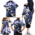 Piwakawaka New Zealand Matariki Family Matching Off The Shoulder Long Sleeve Dress and Hawaiian Shirt Maori New Year Silver Fern Purple Galaxy