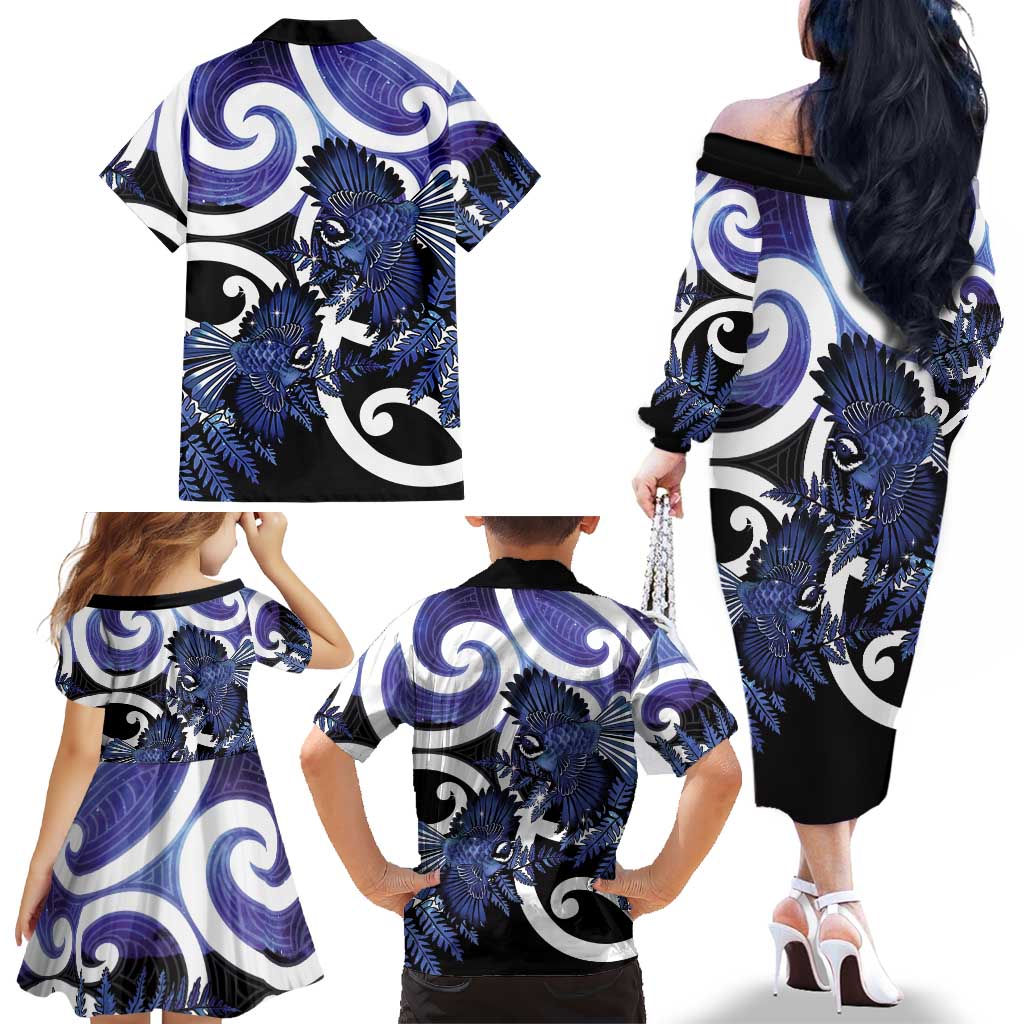 Piwakawaka New Zealand Matariki Family Matching Off The Shoulder Long Sleeve Dress and Hawaiian Shirt Maori New Year Silver Fern Purple Galaxy