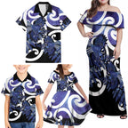Piwakawaka New Zealand Matariki Family Matching Off Shoulder Maxi Dress and Hawaiian Shirt Maori New Year Silver Fern Purple Galaxy