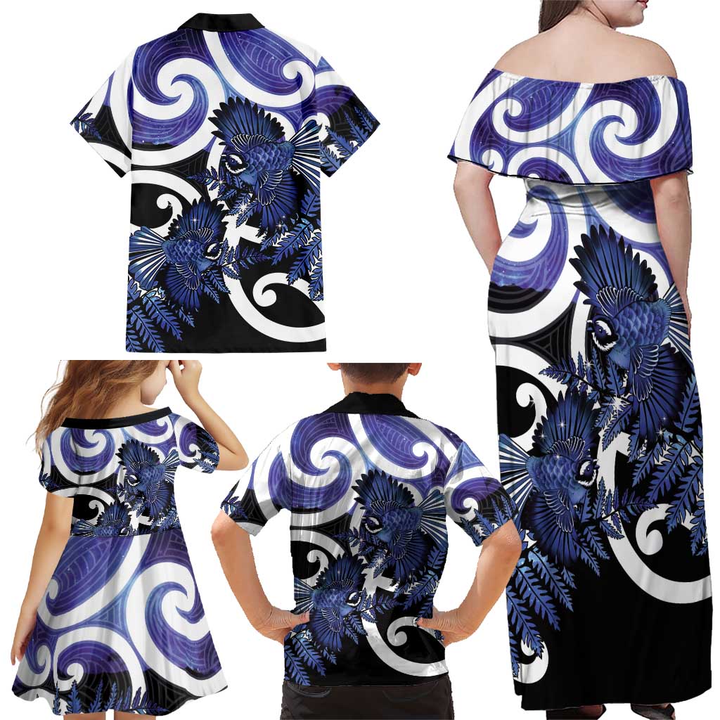 Piwakawaka New Zealand Matariki Family Matching Off Shoulder Maxi Dress and Hawaiian Shirt Maori New Year Silver Fern Purple Galaxy
