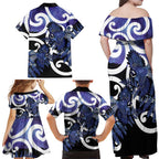 Piwakawaka New Zealand Matariki Family Matching Off Shoulder Maxi Dress and Hawaiian Shirt Maori New Year Silver Fern Purple Galaxy