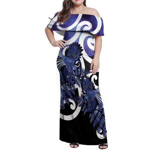 Piwakawaka New Zealand Matariki Family Matching Off Shoulder Maxi Dress and Hawaiian Shirt Maori New Year Silver Fern Purple Galaxy