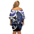 Piwakawaka New Zealand Matariki Family Matching Off Shoulder Short Dress and Hawaiian Shirt Maori New Year Silver Fern Purple Galaxy