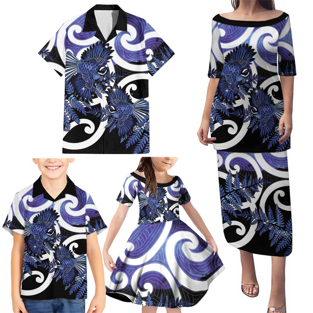 Piwakawaka New Zealand Matariki Family Matching Puletasi and Hawaiian Shirt Maori New Year Silver Fern Purple Galaxy