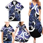 Piwakawaka New Zealand Matariki Family Matching Summer Maxi Dress and Hawaiian Shirt Maori New Year Silver Fern Purple Galaxy