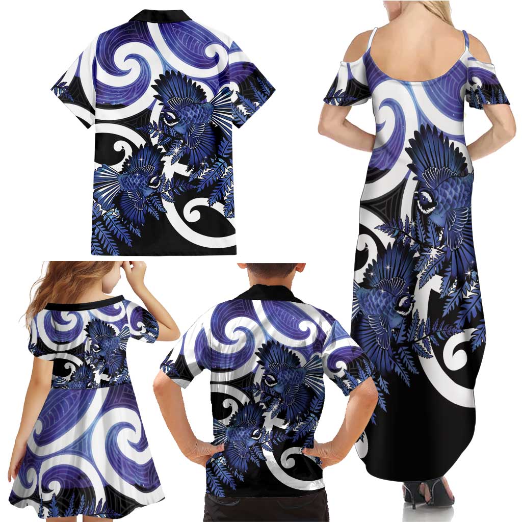 Piwakawaka New Zealand Matariki Family Matching Summer Maxi Dress and Hawaiian Shirt Maori New Year Silver Fern Purple Galaxy