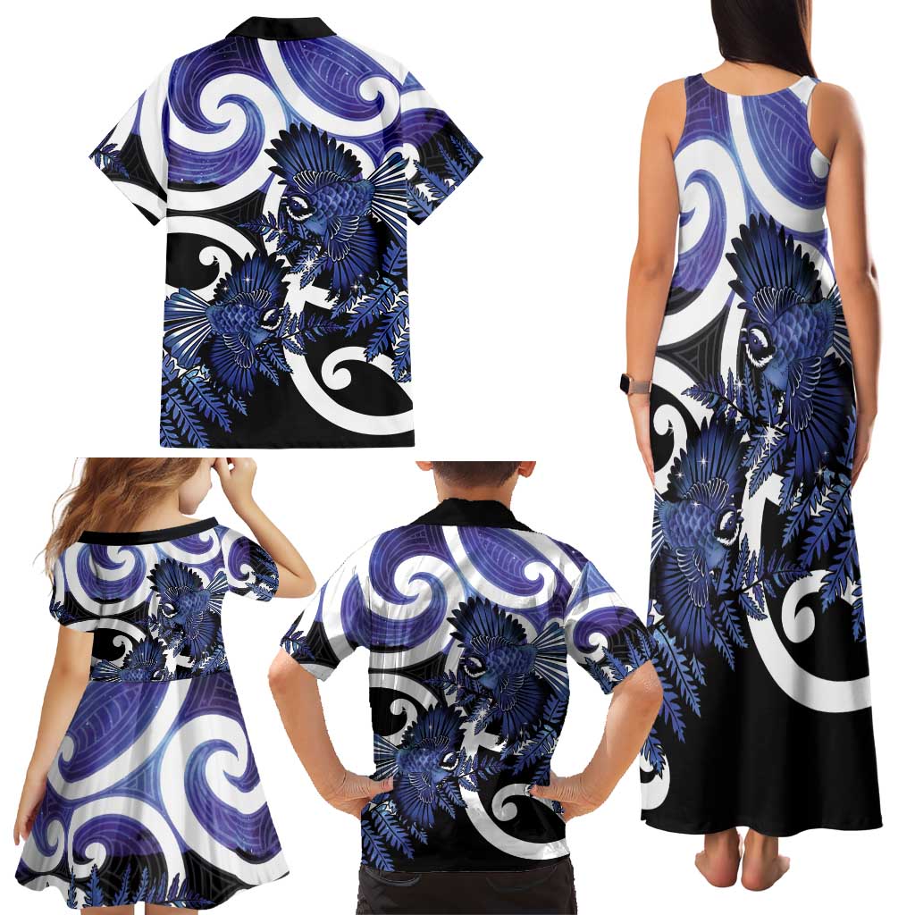 Piwakawaka New Zealand Matariki Family Matching Tank Maxi Dress and Hawaiian Shirt Maori New Year Silver Fern Purple Galaxy