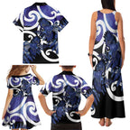 Piwakawaka New Zealand Matariki Family Matching Tank Maxi Dress and Hawaiian Shirt Maori New Year Silver Fern Purple Galaxy