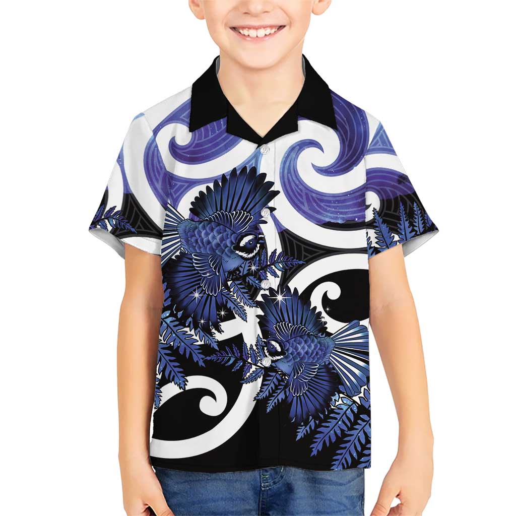 Piwakawaka New Zealand Matariki Kid Hawaiian Shirt Maori New Year Silver Fern Purple Galaxy