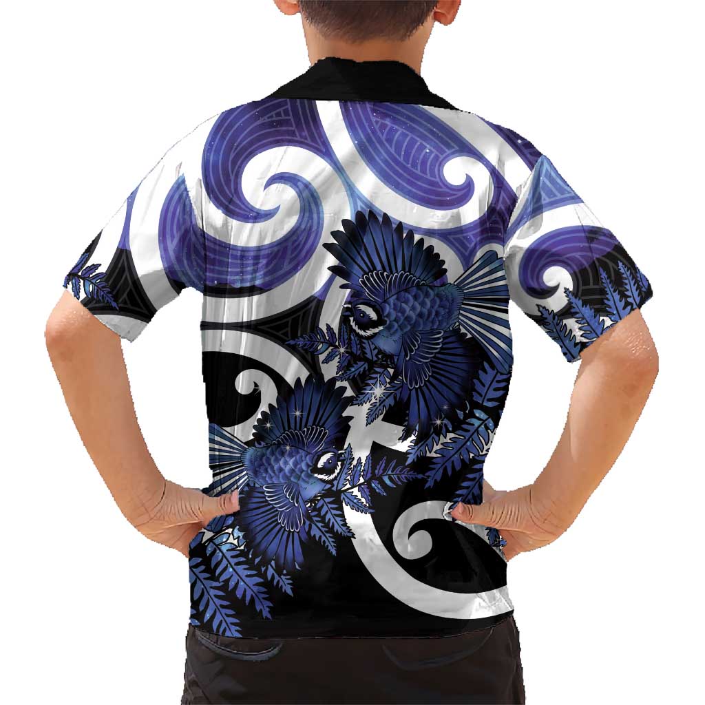 Piwakawaka New Zealand Matariki Kid Hawaiian Shirt Maori New Year Silver Fern Purple Galaxy