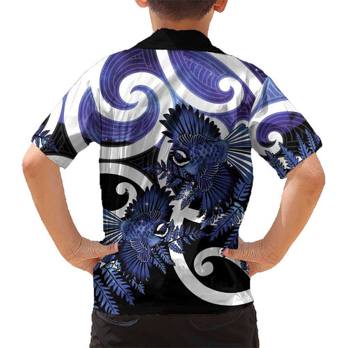 Piwakawaka New Zealand Matariki Kid Hawaiian Shirt Maori New Year Silver Fern Purple Galaxy