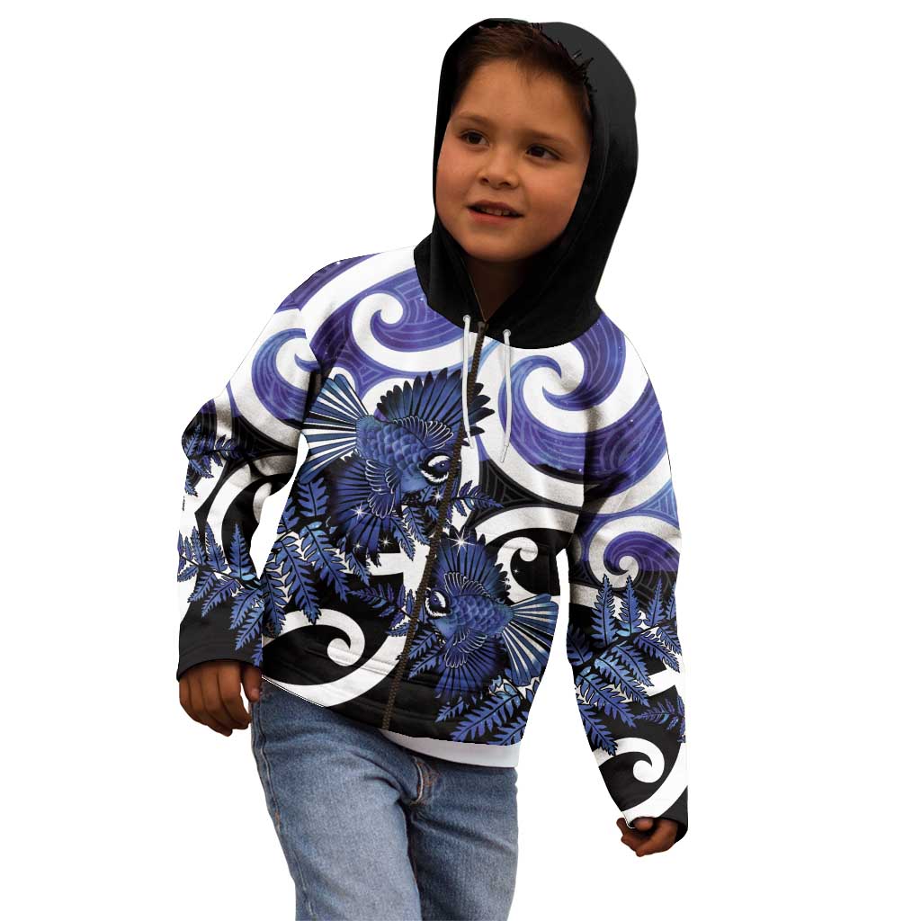 Piwakawaka New Zealand Matariki Kid Hoodie Maori New Year Silver Fern Purple Galaxy