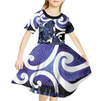 Piwakawaka New Zealand Matariki Kid Short Sleeve Dress Maori New Year Silver Fern Purple Galaxy