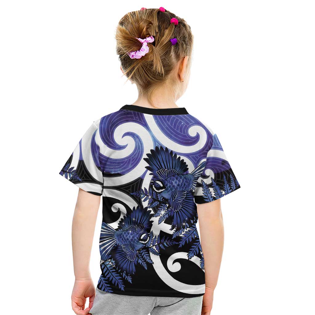 Piwakawaka New Zealand Matariki Kid T Shirt Maori New Year Silver Fern Purple Galaxy