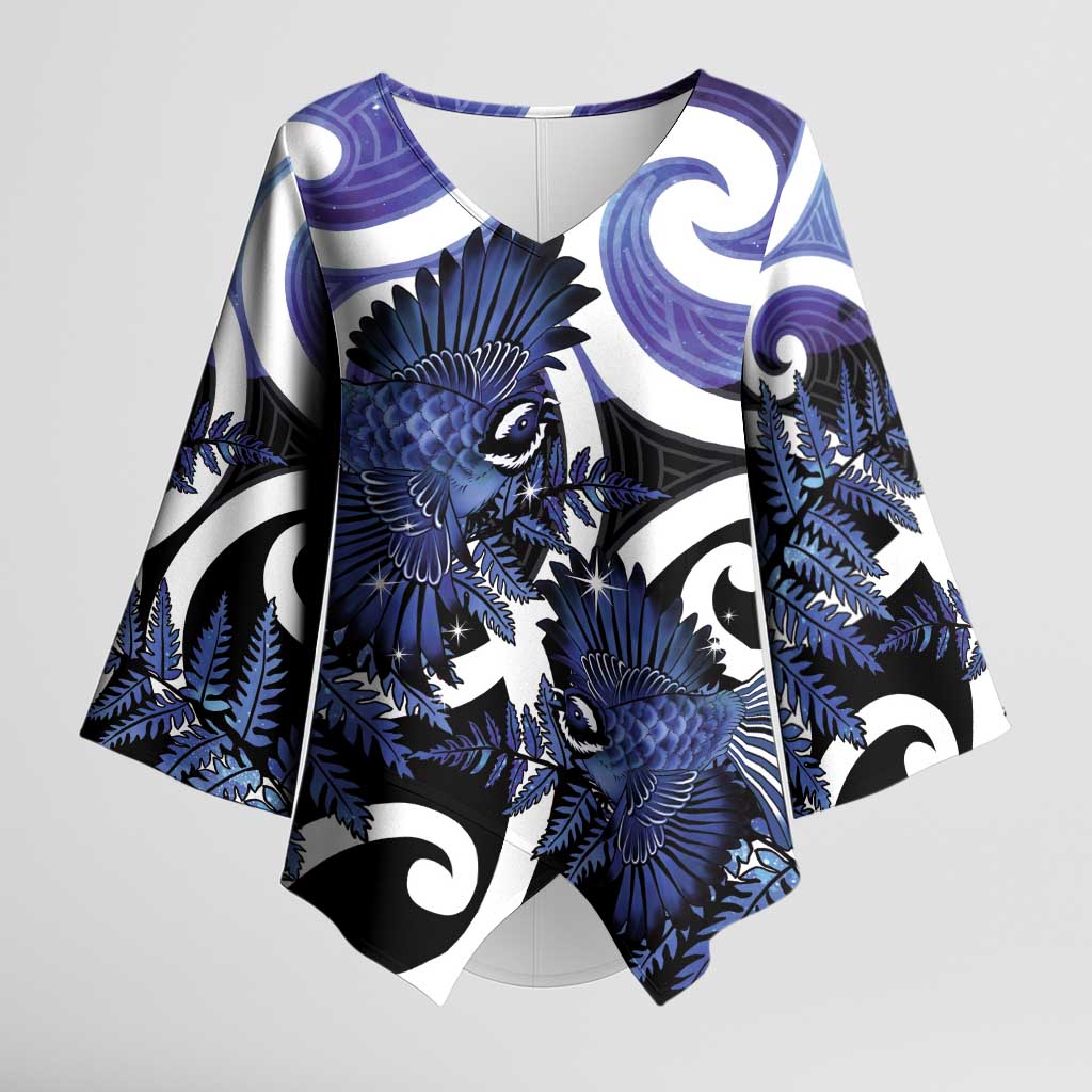 Piwakawaka New Zealand Matariki Kimono Sleeve Blouse Maori New Year Silver Fern Purple Galaxy