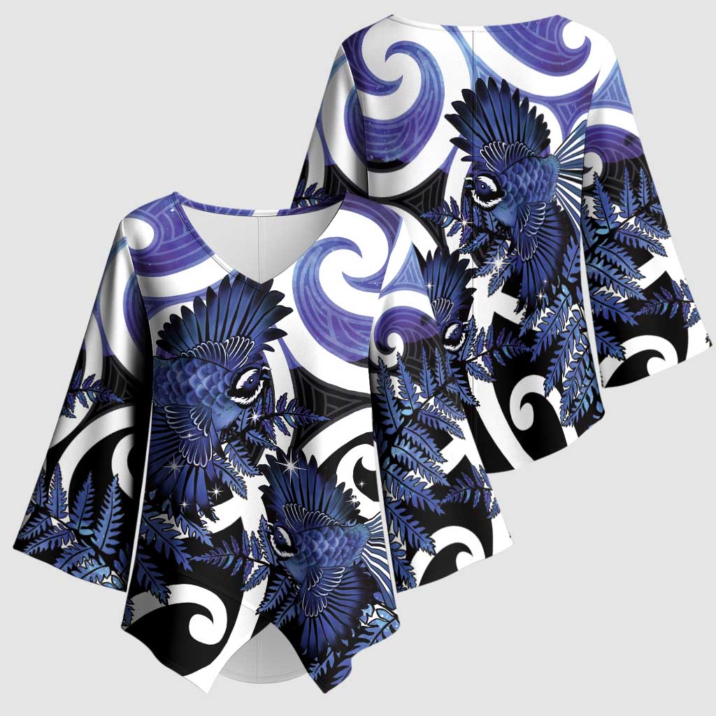 Piwakawaka New Zealand Matariki Kimono Sleeve Blouse Maori New Year Silver Fern Purple Galaxy