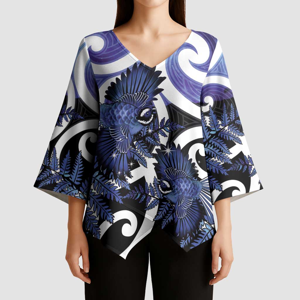 Piwakawaka New Zealand Matariki Kimono Sleeve Blouse Maori New Year Silver Fern Purple Galaxy