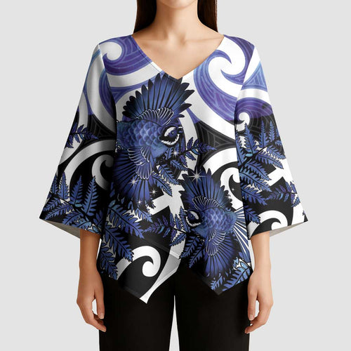 Piwakawaka New Zealand Matariki Kimono Sleeve Blouse Maori New Year Silver Fern Purple Galaxy