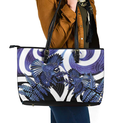 Piwakawaka New Zealand Matariki Leather Tote Bag Maori New Year Silver Fern Purple Galaxy