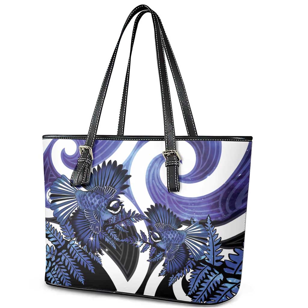 Piwakawaka New Zealand Matariki Leather Tote Bag Maori New Year Silver Fern Purple Galaxy