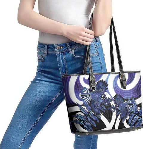 Piwakawaka New Zealand Matariki Leather Tote Bag Maori New Year Silver Fern Purple Galaxy