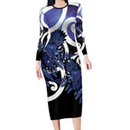 Piwakawaka New Zealand Matariki Long Sleeve Bodycon Dress Maori New Year Silver Fern Purple Galaxy