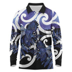 Piwakawaka New Zealand Matariki Long Sleeve Polo Shirt Maori New Year Silver Fern Purple Galaxy