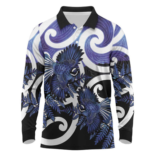 Piwakawaka New Zealand Matariki Long Sleeve Polo Shirt Maori New Year Silver Fern Purple Galaxy