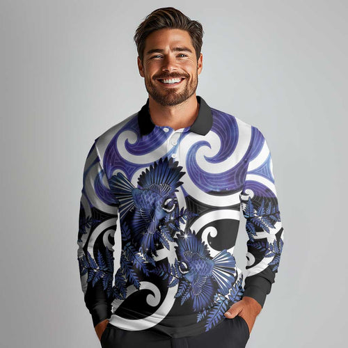 Piwakawaka New Zealand Matariki Long Sleeve Polo Shirt Maori New Year Silver Fern Purple Galaxy