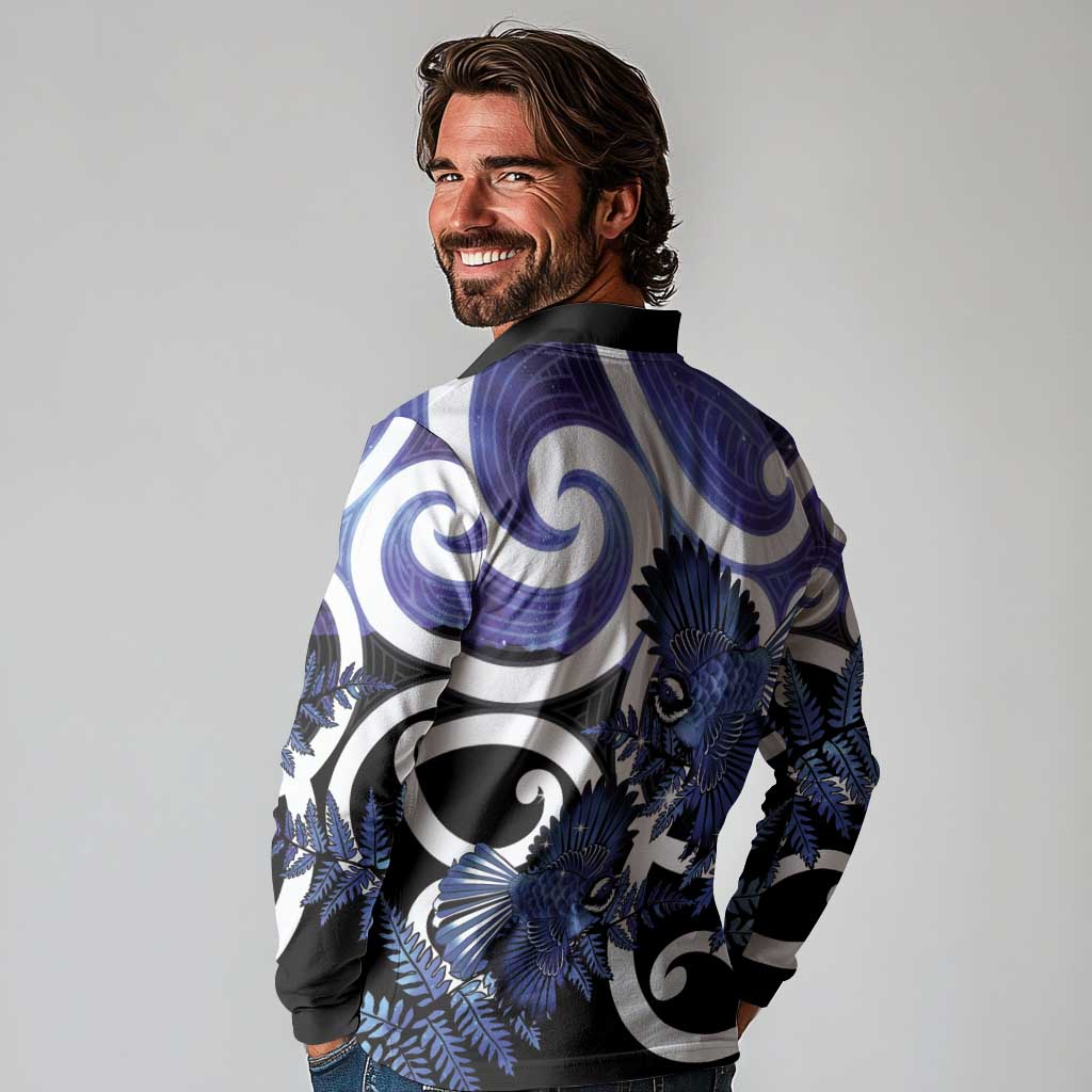 Piwakawaka New Zealand Matariki Long Sleeve Polo Shirt Maori New Year Silver Fern Purple Galaxy