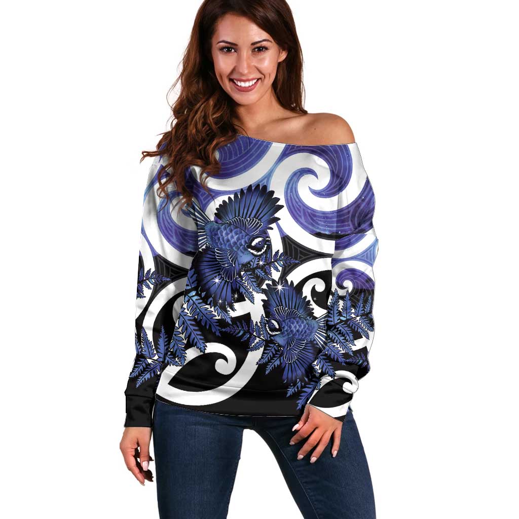 Piwakawaka New Zealand Matariki Off Shoulder Sweater Maori New Year Silver Fern Purple Galaxy