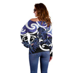 Piwakawaka New Zealand Matariki Off Shoulder Sweater Maori New Year Silver Fern Purple Galaxy