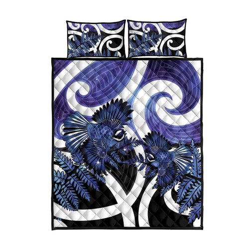 Piwakawaka New Zealand Matariki Quilt Bed Set Maori New Year Silver Fern Purple Galaxy