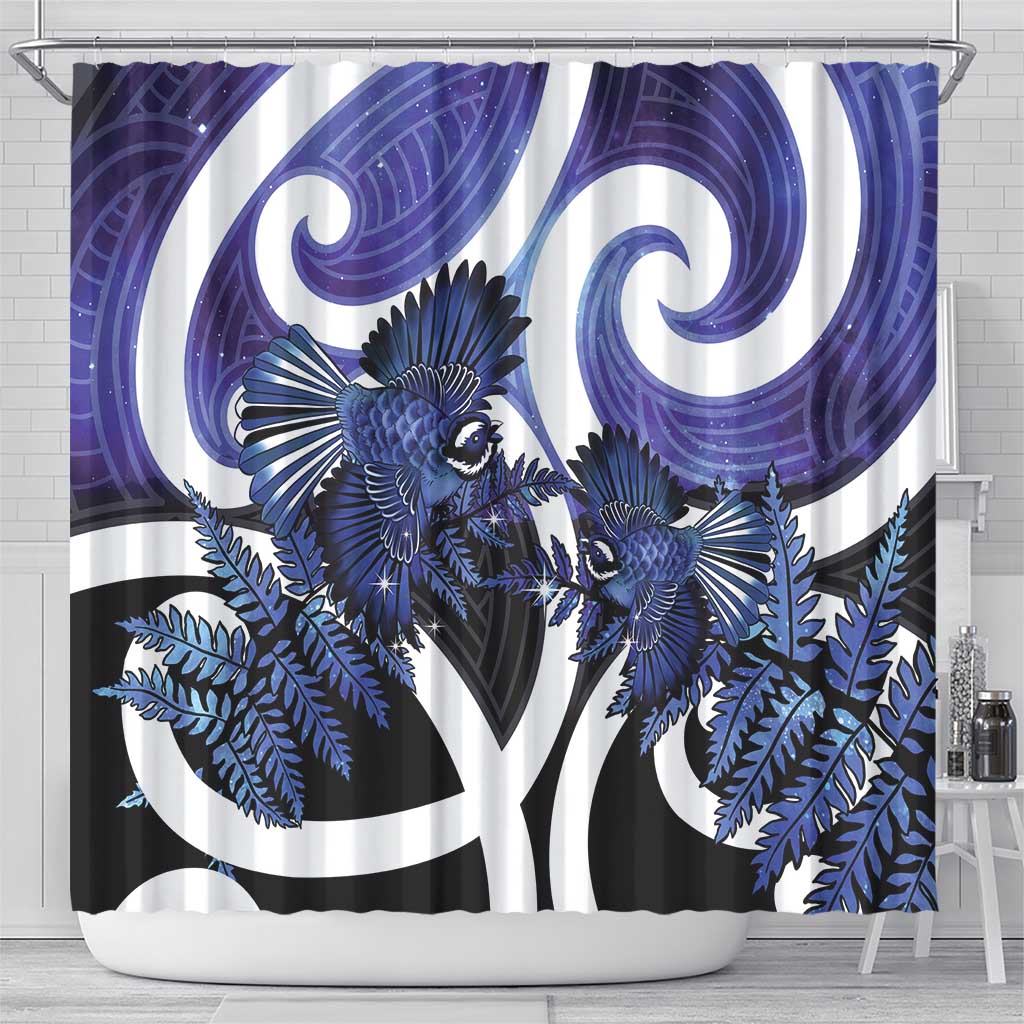 Piwakawaka New Zealand Matariki Shower Curtain Maori New Year Silver Fern Purple Galaxy